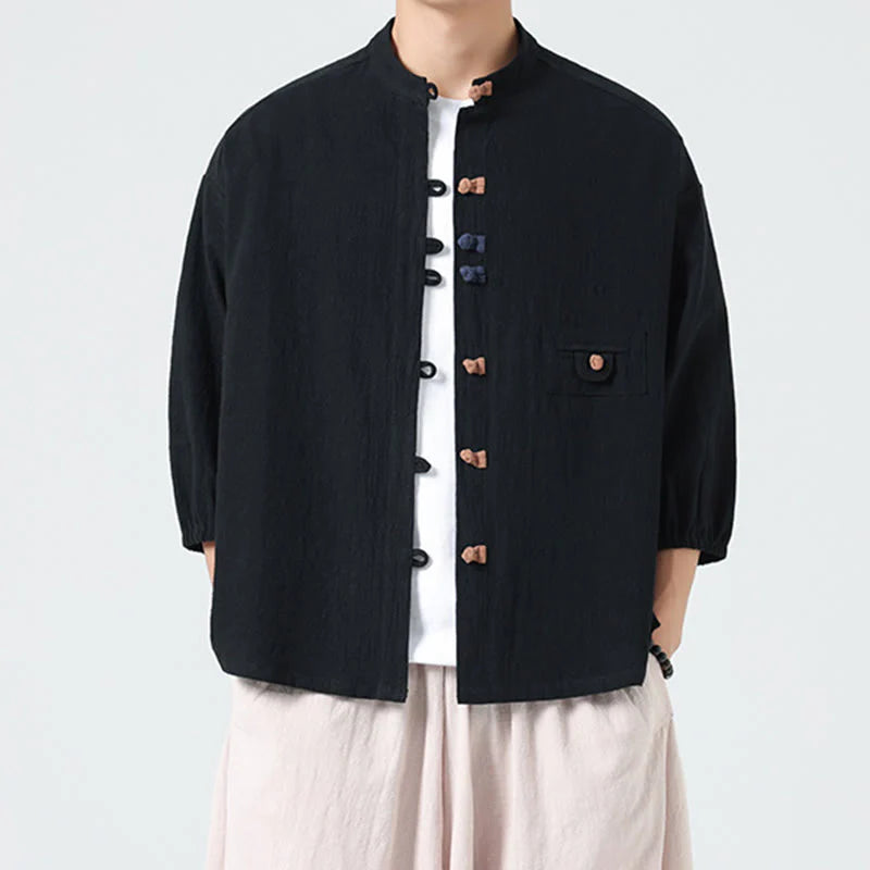 Buddha Stones Summer Frog-Button Front Stand Collar Men's Three Quarter Sleeve Cotton Shirt Cardigan With Pocket