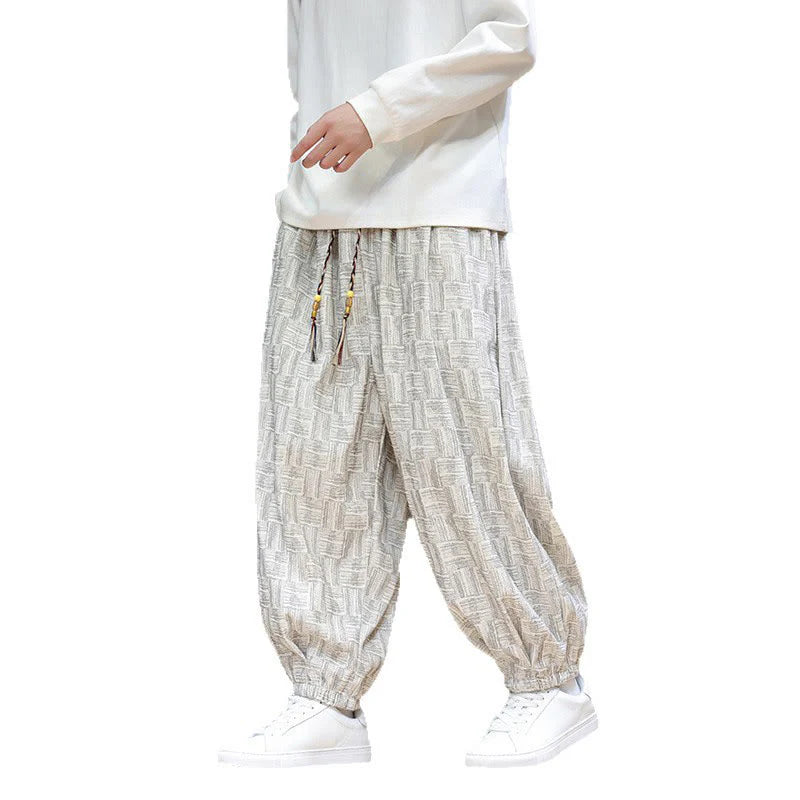 Buddha Stones Fall Jacquard Plaid Pattern Cotton Corduroy Men's Harem Pants With Pockets