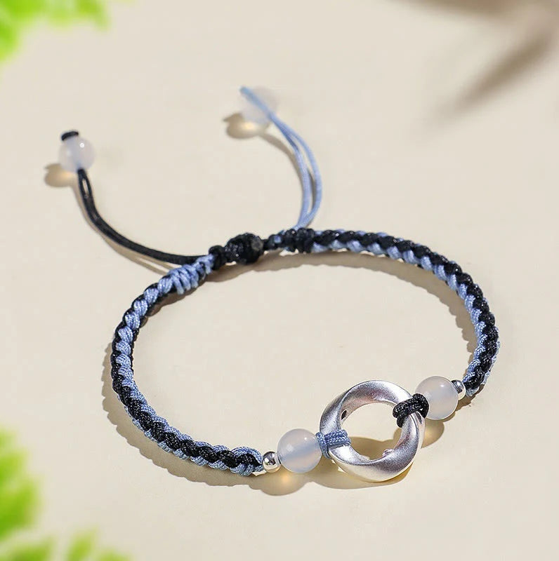 Buddha Stones 925 Sterling Silver Mobius White Agate Bead Braided String Protection Bracelet