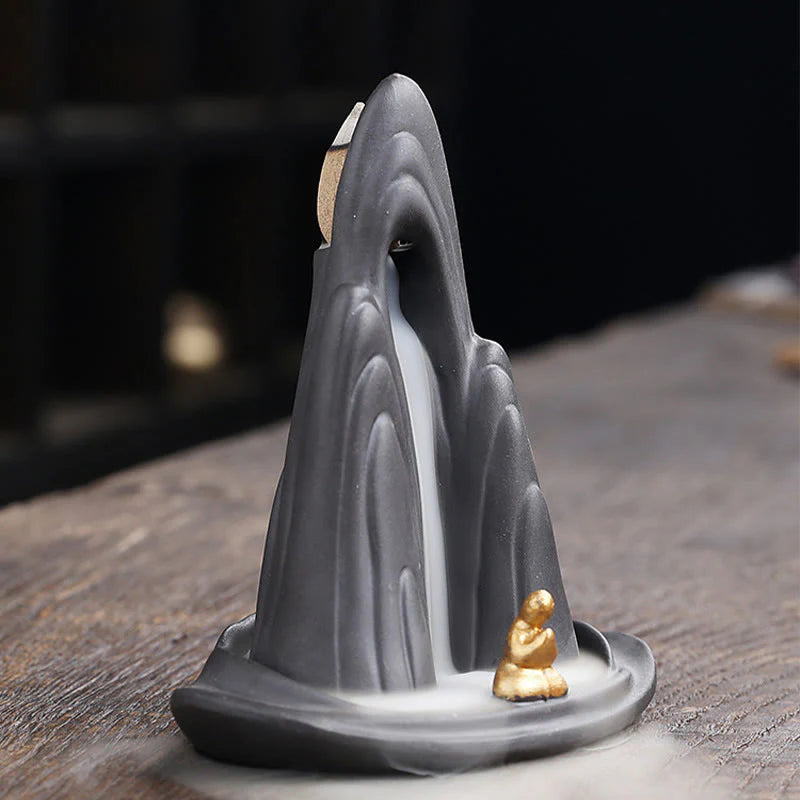 Buddha Stones Little Monk Mountains Flowing Water Purple Clay Ceramic Healing Backflow Incense Burner Decoration