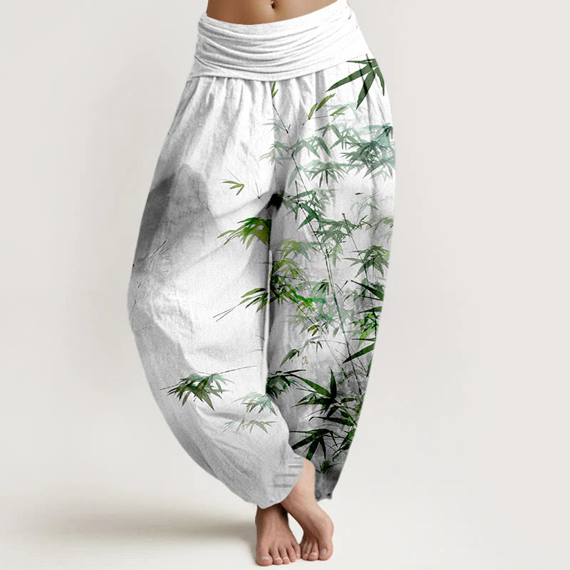 Buddha Stones Pure Cotton Bamboo Leaves Mountain Pattern Women's Elastic Waist Harem Pants