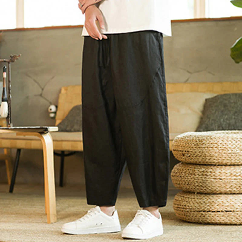 Buddha Stones Casual Retro Solid Color Simple Design Drawstring Men's Linen Elastic Waistband Harem Pants With Pockets