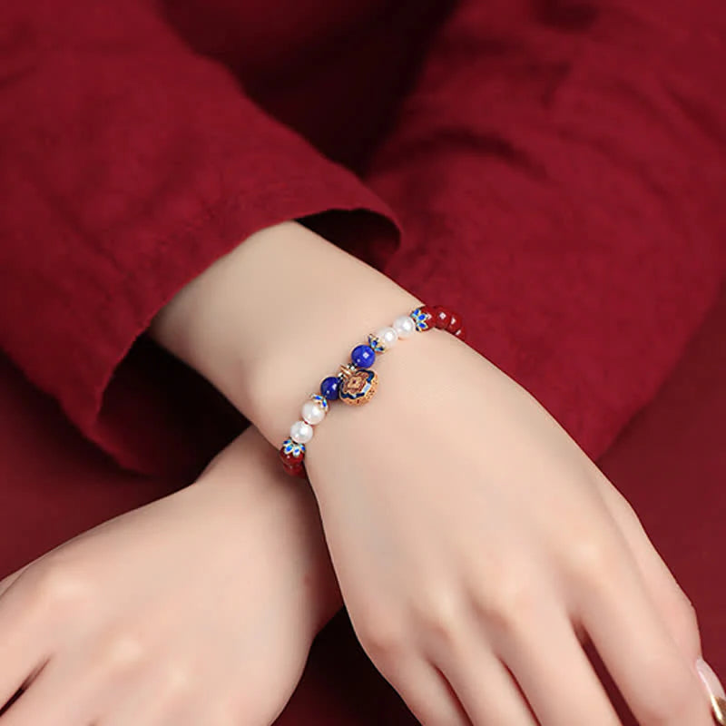 Buddha Stones Cinnabar Lapis Lazuli Chinese Lock Charm Blessing Bracelet