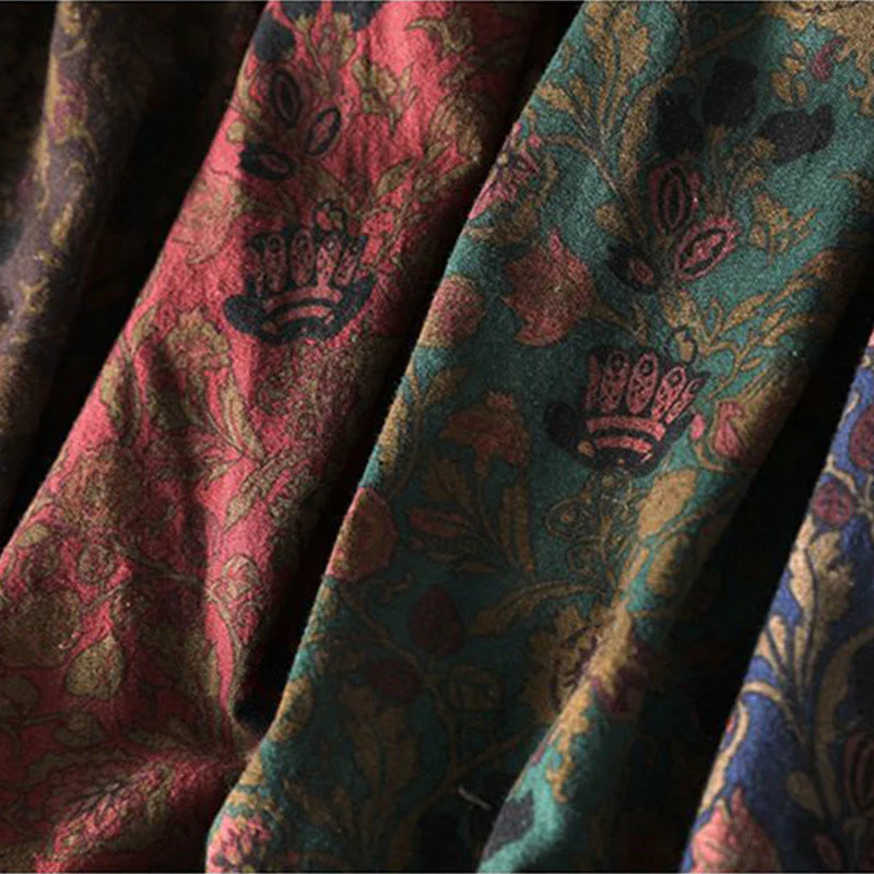 Buddha Stones Retro Floral Pattern A-line Design Long Sleeve Women's Cotton Maxi Dress