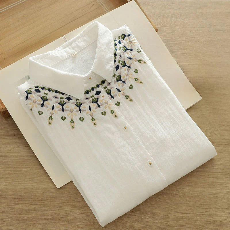 Buddha Stones Fall White Geometric Embroidery Buttons Women's Cotton Long Sleeve Shirt