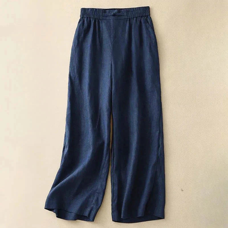 Buddha Stones Daily Solid Color Elastic Waistband Frog-Button Cotton Women's Wide Leg Pants With Pockets