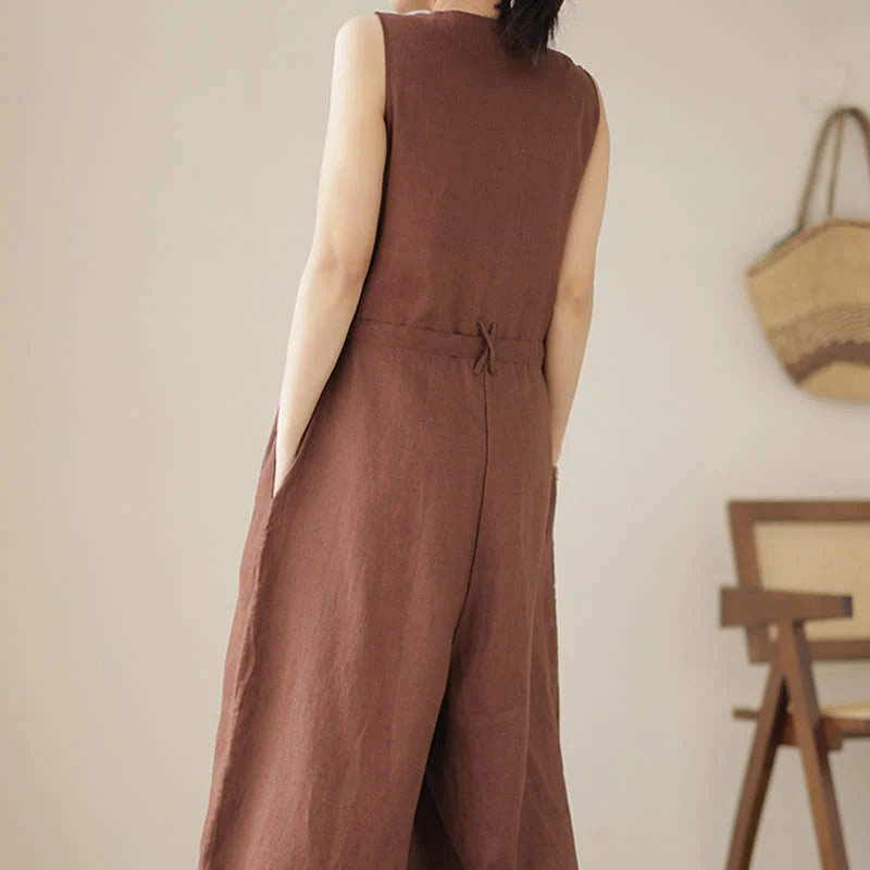 Buddha Stones Casual Lace-Up Simple Sleeveless Design Women's Cotton Linen Jumpsuit With Pockets