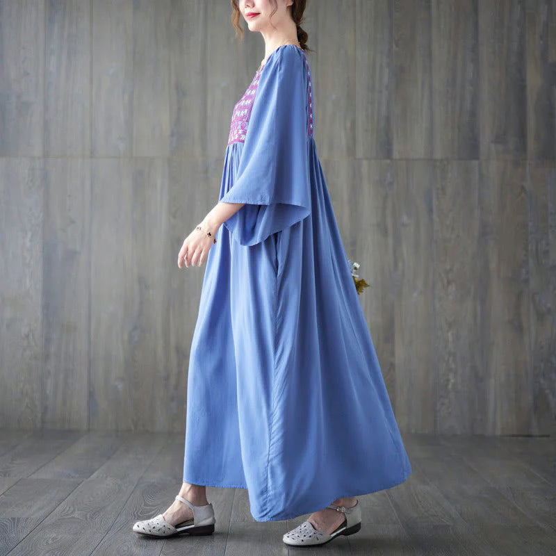 Buddha Stones Embroidery Notched Ruffled Hem Midi Dress With Pockets