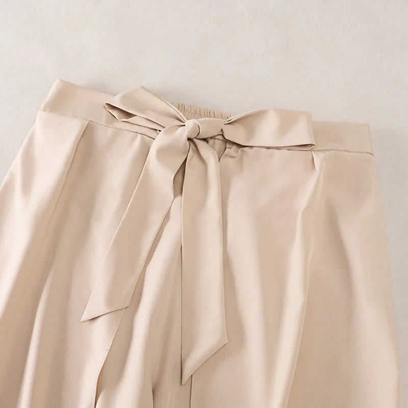 Buddha Stones Elegant Plain Side-Slit Drawstring Bow Design High Waist Women's Wide Leg Pants