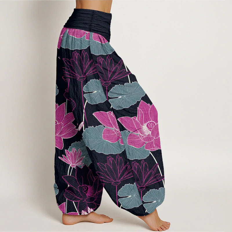 Buddha Stones Pure Cotton Retro Lotus Flowers Leaves Pattern Women's Elastic Waist Harem Pants