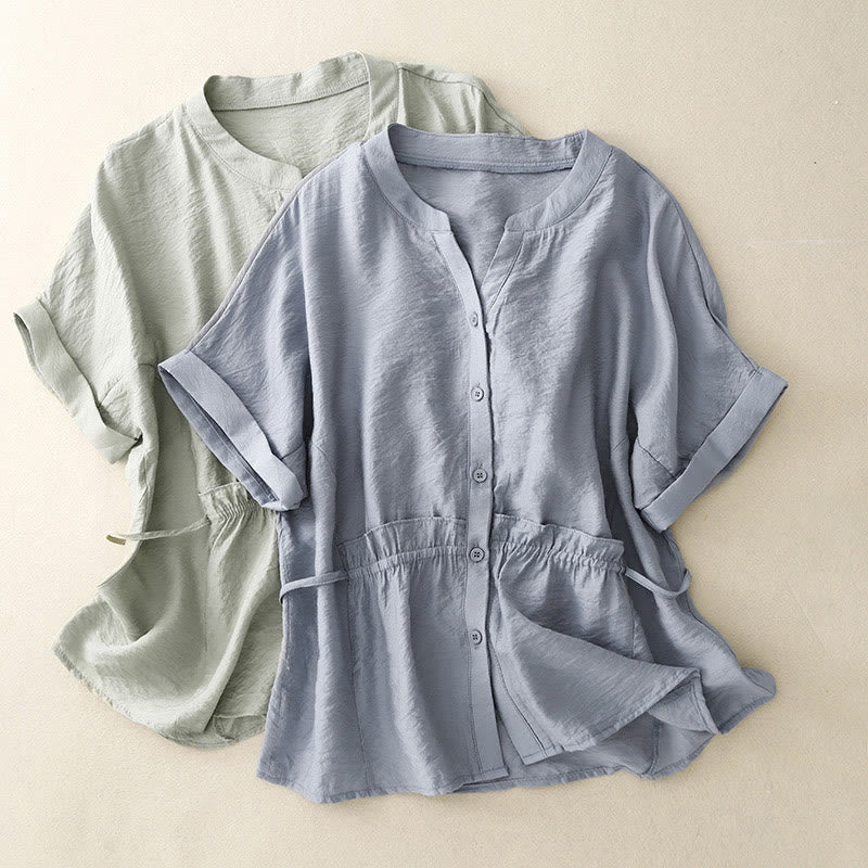 Buddha Stones Summer Button Lace-up Short Sleeve Women's Cotton Shirt