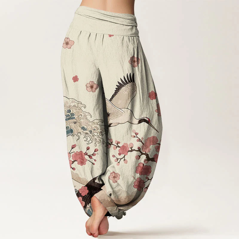 Buddha Stones Pure Cotton Cranes Peach Blossoms Ocean Women's Elastic Waist Harem Pants