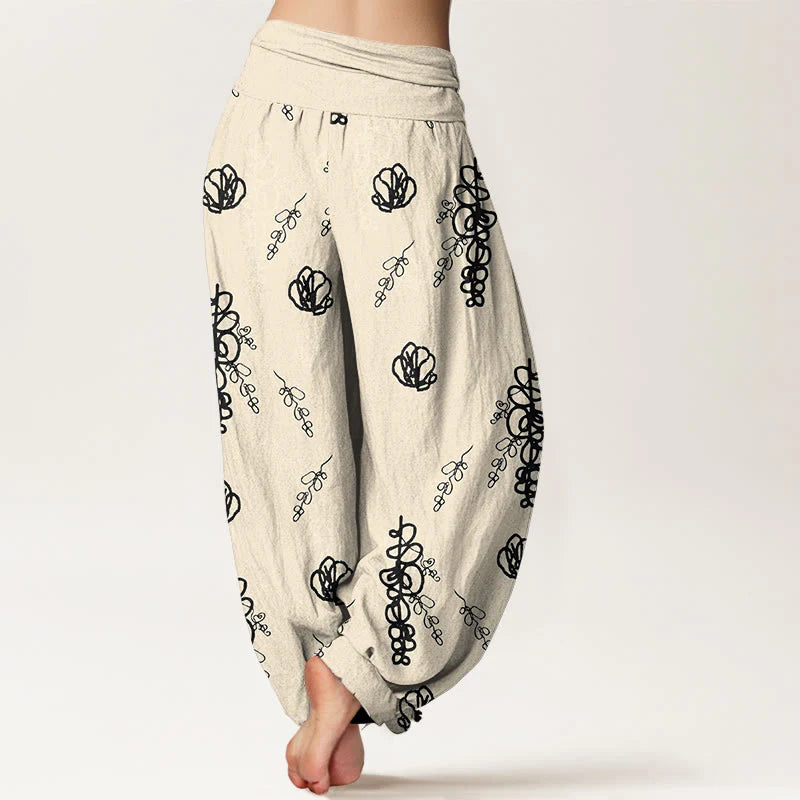 Buddha Stones Print Hand-painted Flowers Branches Pattern Women's Elastic Waist Harem Cotton Pants