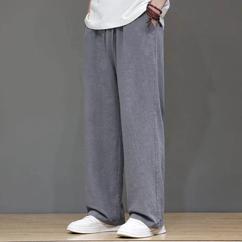 Buddha Stones Summer Men's Cotton Linen Straight Leg Pants With Pockets