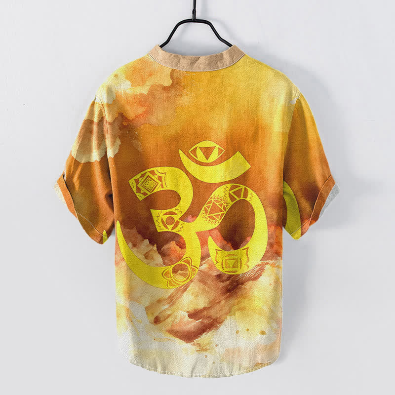Buddha Stones Cotton Om Chakra Emblem Men's Short Sleeve Half Button Shirt
