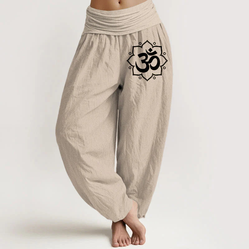 Buddha Stones Pure Cotton Plain Mandala Om Symbol Pattern Women's Elastic Waist Harem Pants