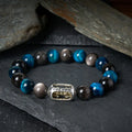Buddha Stones Natural Silver Sheen Obsidian Blue Tiger Eye Om Mani Padme Hum Soothing Bracelet