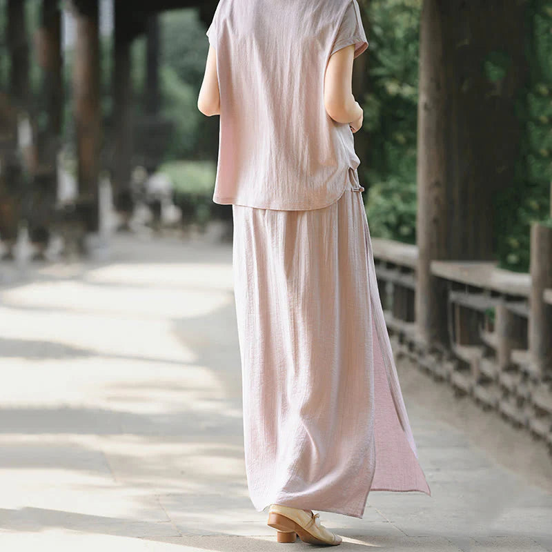 Buddha Stones 2Pcs Buttons Short Sleeve Shirt Top Skirt With Pockets Meditation Cotton Women's Set