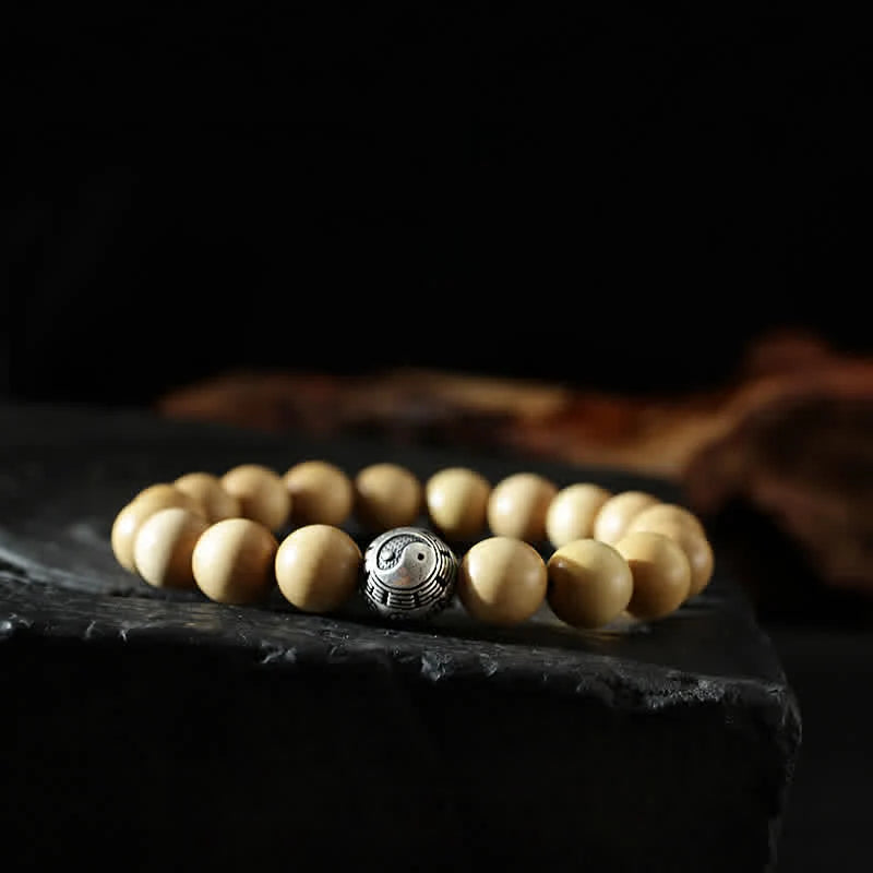 Buddha Stones Tibet Peach Wood Lotus Cinnabar Bagua Yin Yang Luck Wealth Bracelet