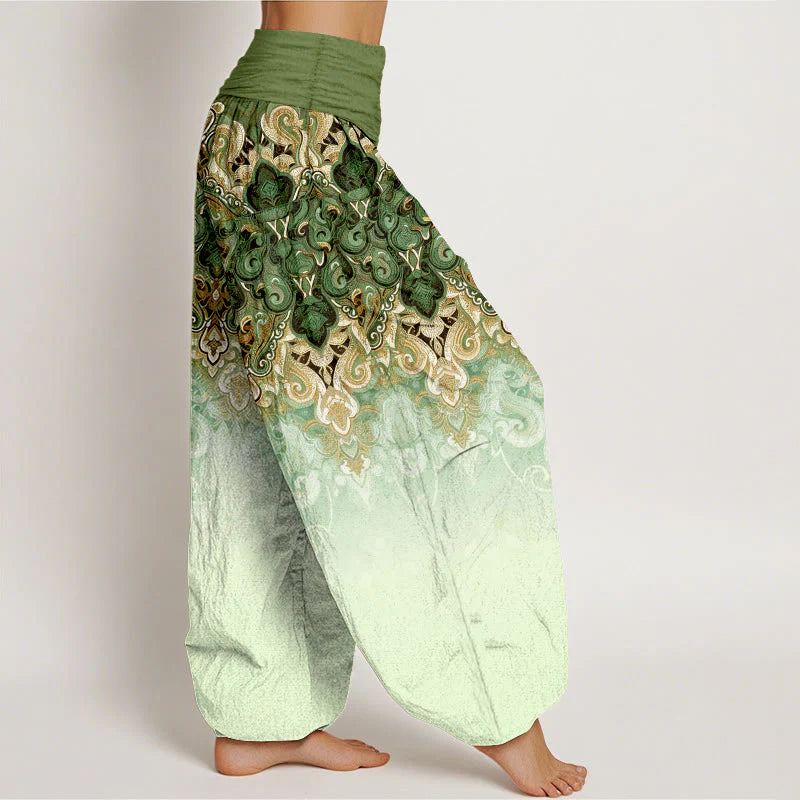 Buddha Stones Paisley Floral Gradient Design Women's Pure Cotton Elastic Waist Harem Pants