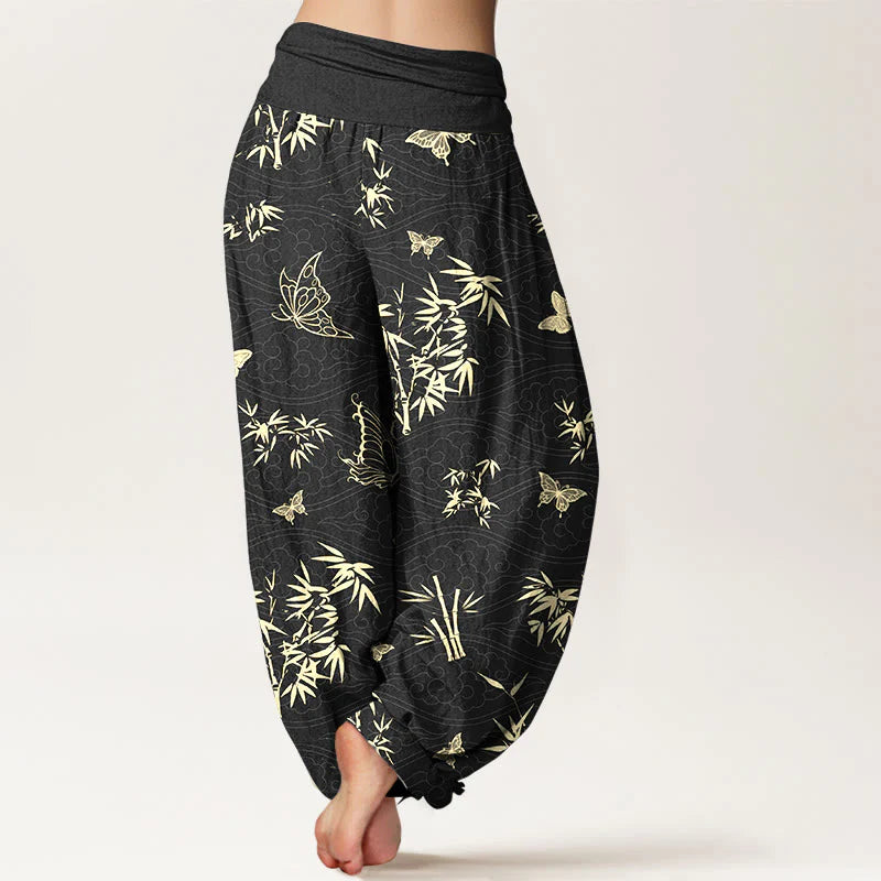Buddha Stones Cotton Elegant Butterfly Bamboo Pattern Women's Elastic Waist Harem Pants