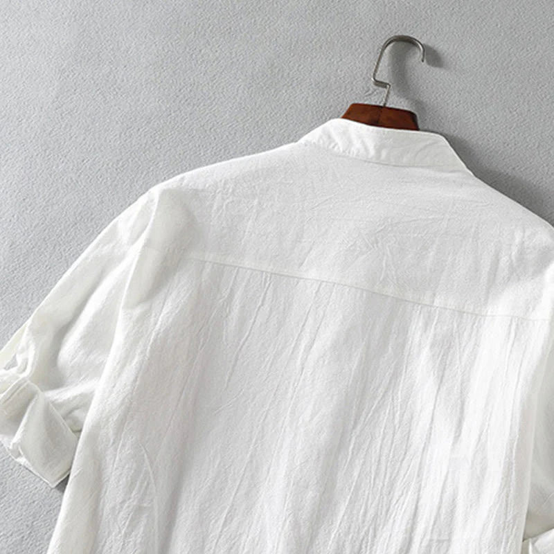 Buddha Stones Vintage Casual Plain Single Breasted Three Quarter Sleeve Men's Cotton Linen Shirt With Pocket