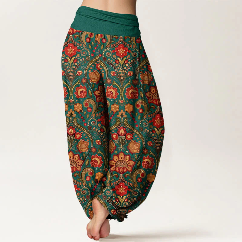 Buddha Stones Cotton Colorful Flower Leaf Scroll Pattern Women's Elastic Waist Harem Pants