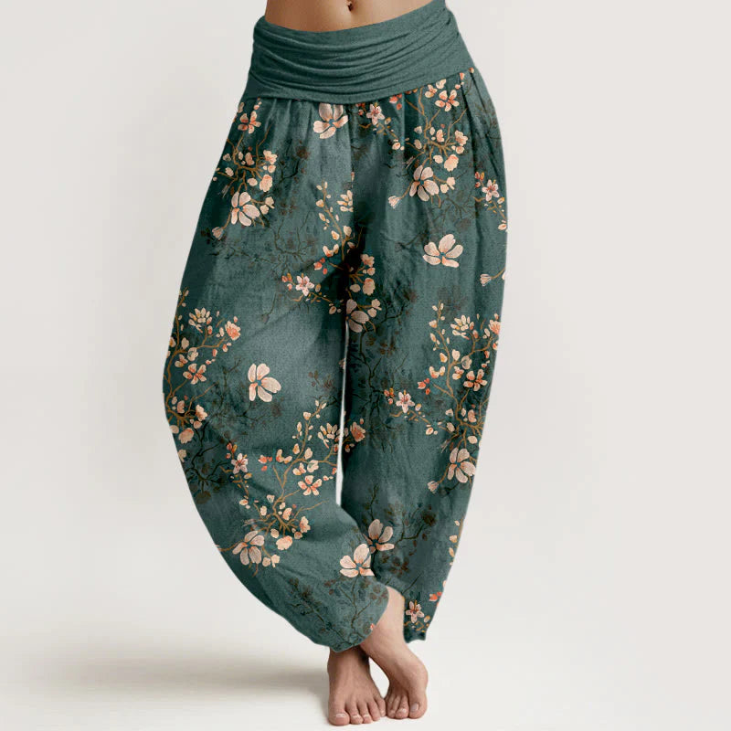 Buddha Stones Pure Cotton Cherry Blossom Women's Elastic Waist Harem Pants
