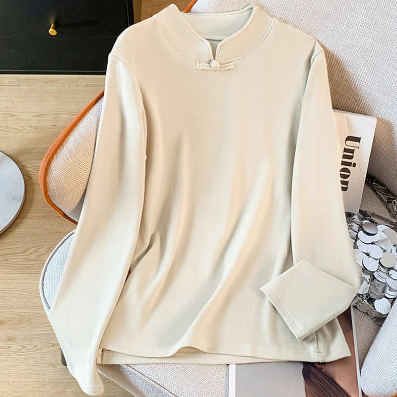 Buddha Stones Spring Solid Color Stand Collar Frog-button Design Women's Cotton Long Sleeve Shirt