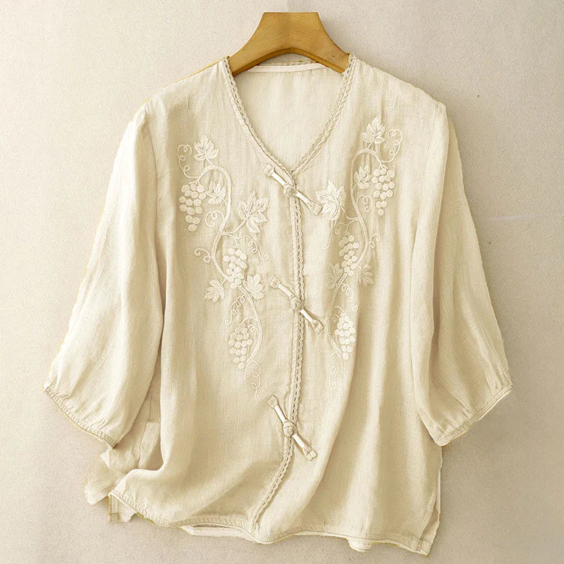 Buddha Stones Embroidered Grapes Pattern Lace Design Frog-Button Three Quarter Sleeve Women's Cotton Shirt
