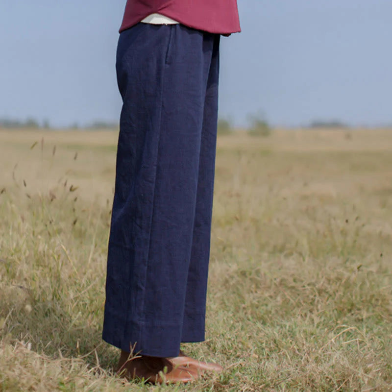 Buddha Stones Casual Plain Loose Women's Ramie Wide Leg Pants With Pockets