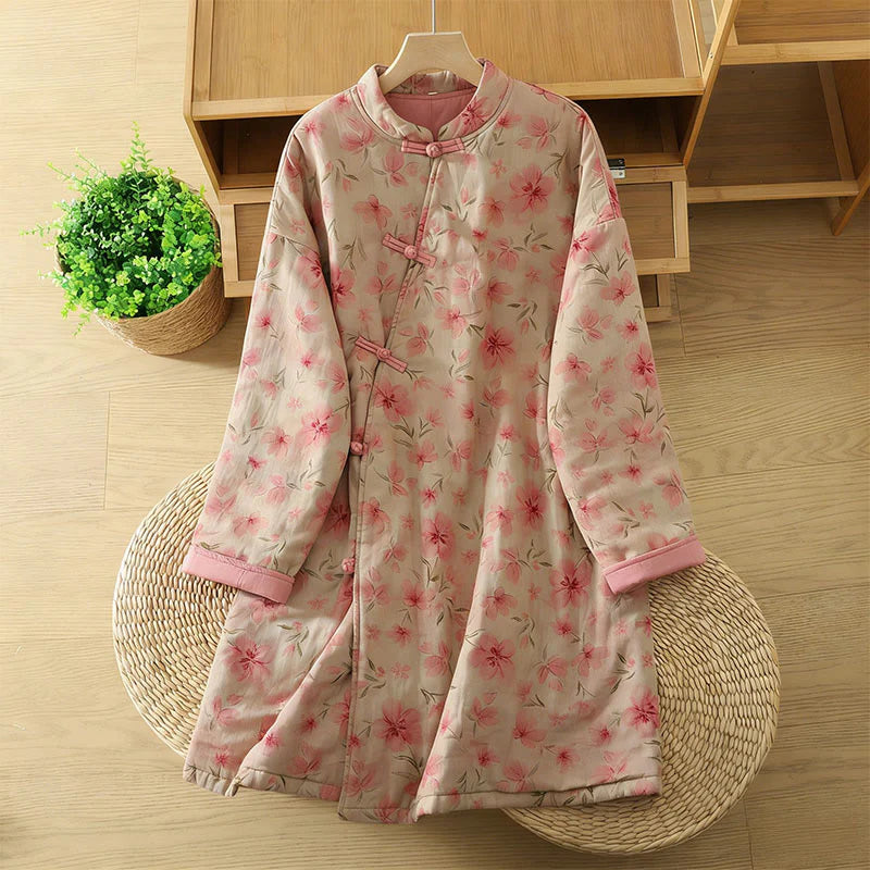 Buddha Stones Frog-button Flower Pattern Crew Neck Thickened Long Sleeve Women's Coat