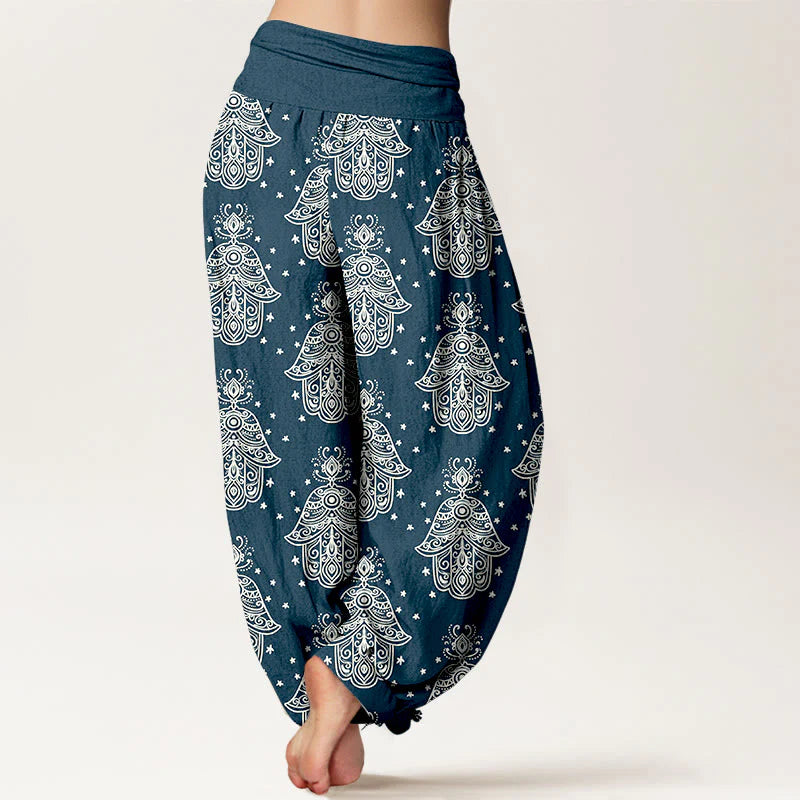 Buddha Stones Cotton Neatly Arranged Hamsa's Hand Pattern Women's Elastic Waist Harem Pants