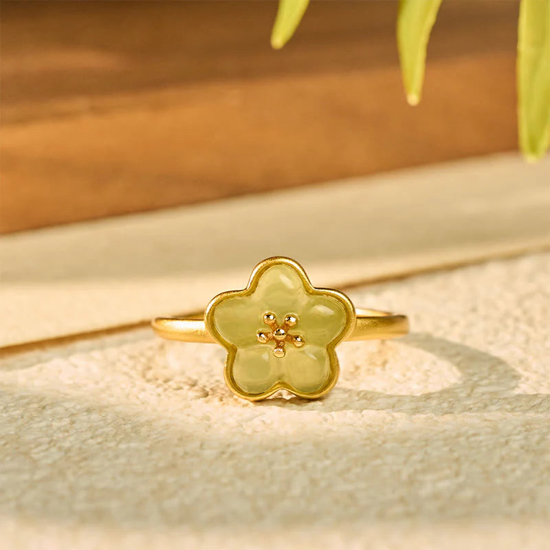 Buddha Stones Plum Blossom Hetian Jade Copper Luck Ring