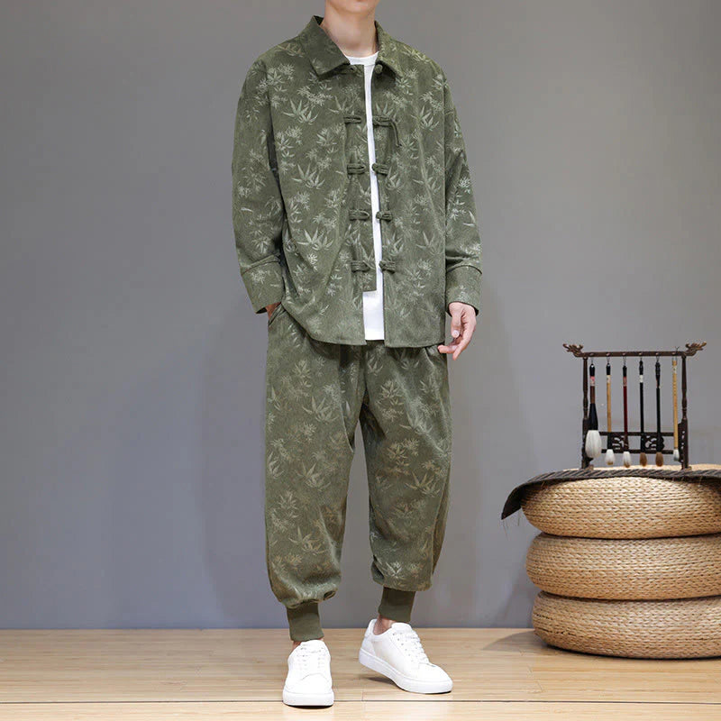 Buddha Stones 2Pcs Winter Thick Bamboo Men's Tang Suit Frog-Button Cotton Corduroy Long Sleeve Jacket Pants Set With Pockets