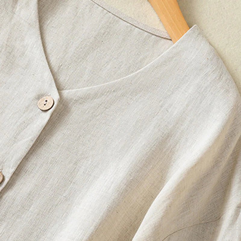 Buddha Stones Spring Plain Buttons Design V-Neck Long Sleeve Women's Cotton Linen Shirt