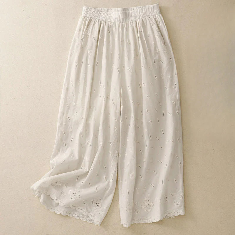 Buddha Stones Summer Vintage Embroidery Lace Hem Patchwork Design Women's Wide Leg Cotton Pants With Pockets