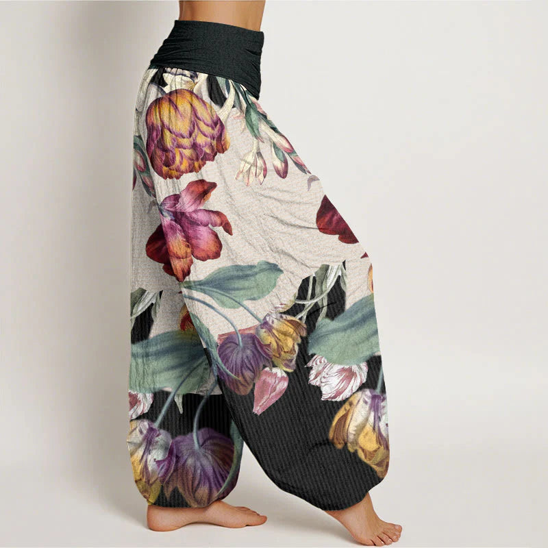 Buddha Stones Cotton Tulips Green Leaves Design Women's Elastic Waist Harem Pants