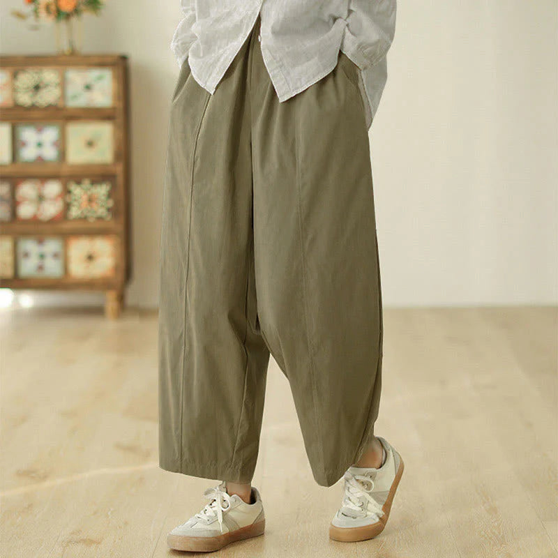 Buddha Stones Simple Lines Design Ankle-Length Cotton Women's Harem Pants With Pockets