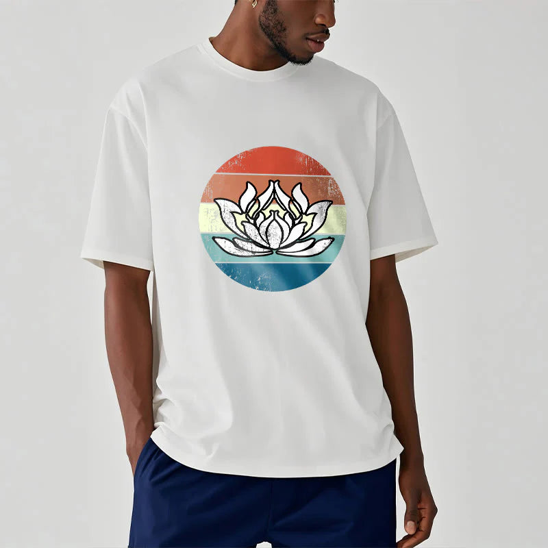 Buddha Stones Blooming Lotus Colorful Striped Pattern Cotton Tee T-shirt