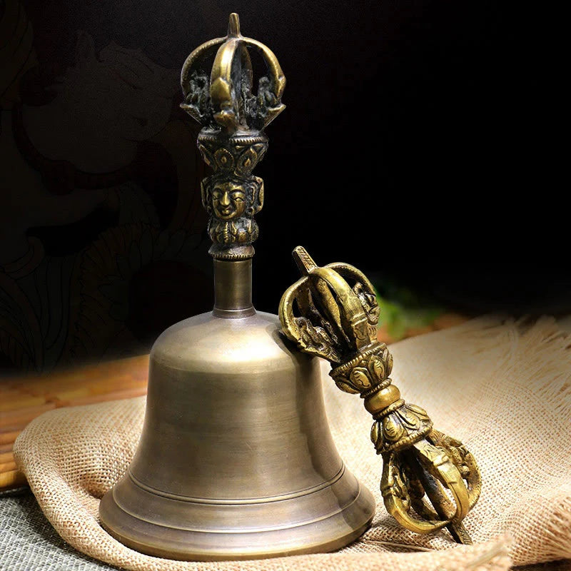 Buddha Stones 2Pcs Handmade Tibetan Meditation Bell and Vajra Dorje Copper Strength Decoration Set