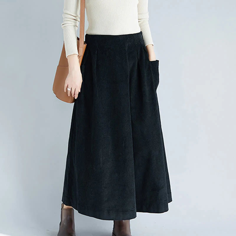 Buddha Stones Women's Plain Side Zipper Design Wide Leg Corduroy 7-8 Length Pants With Pockets