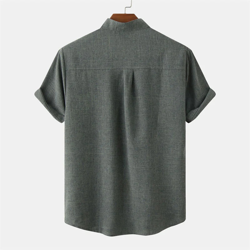 Buddha Stones Summer Men's Button Plain Short Sleeve Cotton Shirt With Pocket