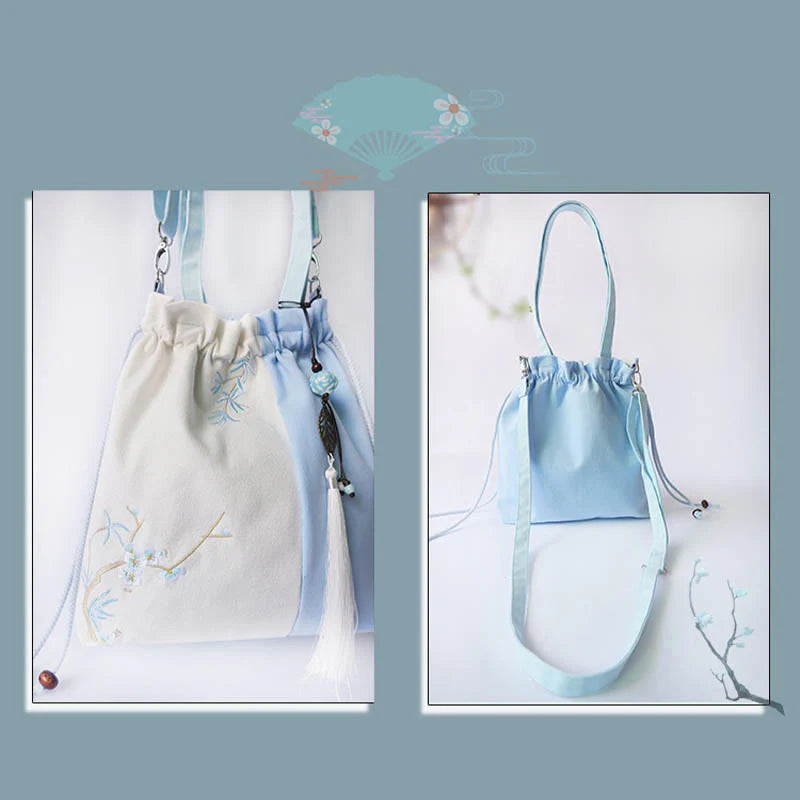 Buddha Stones Embroidered Grass Flowers Cherry Blossom Canvas Tote Crossbody Bag Shoulder Bag Handbag