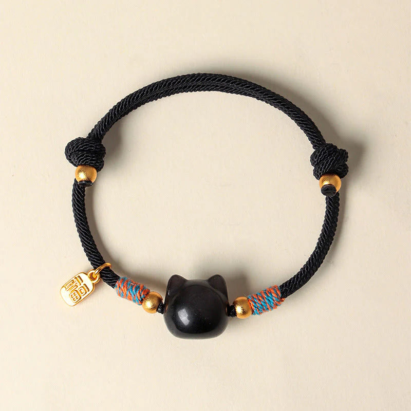 Buddha Stones Cat Fu Character Silver Sheen Obsidian Pink Crystal String Protection Bracelet