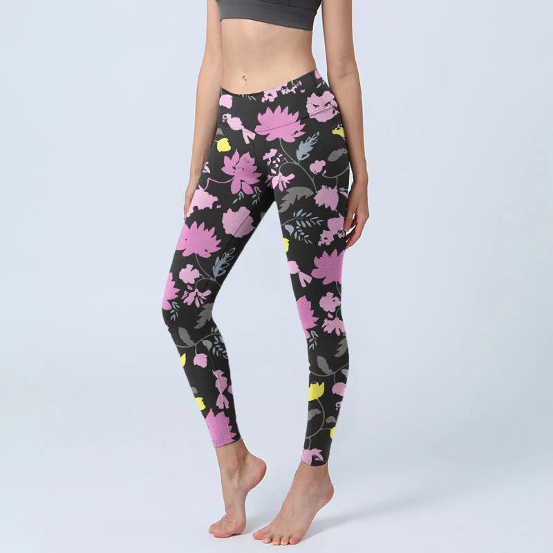 Buddha Stones Watercolor Style Softly Colored Flower Leaf Pattern Print Gym Leggings Women's Yoga Pants