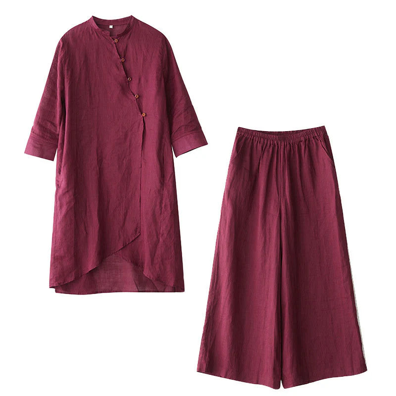 Buddha Stones Casual 2pcs Plain Three Quarter Sleeve Slanted Collar Shirt Top Wide Leg Pants With Pockets Meditation Zen Tai Chi Clothing Women's Set