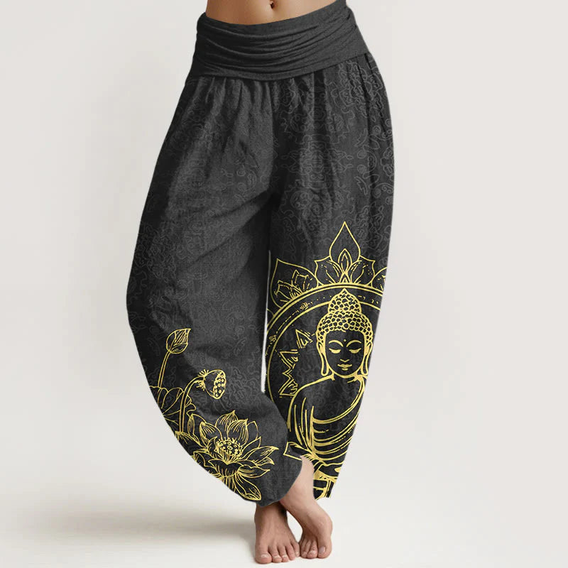 Buddha Stones Pure Cotton Classical Lotus Flower Seedpod Leaf Buddha Pattern Women's Elastic Waist Harem Pants
