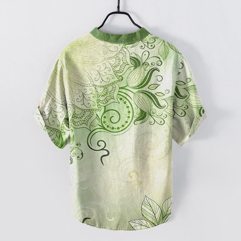 Buddha Stones Cotton Mandala Floral Emblem Men's Short Sleeve Half Button Shirt