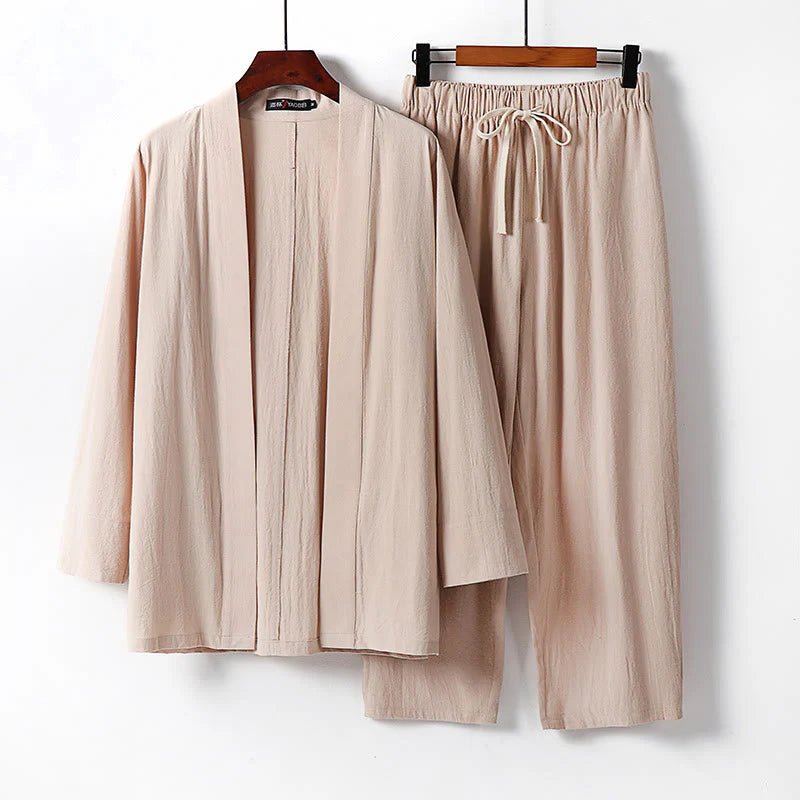 Buddha Stones 2Pcs Cotton Kimono Ankle-Length Pants Men's Meditation Cloth Set